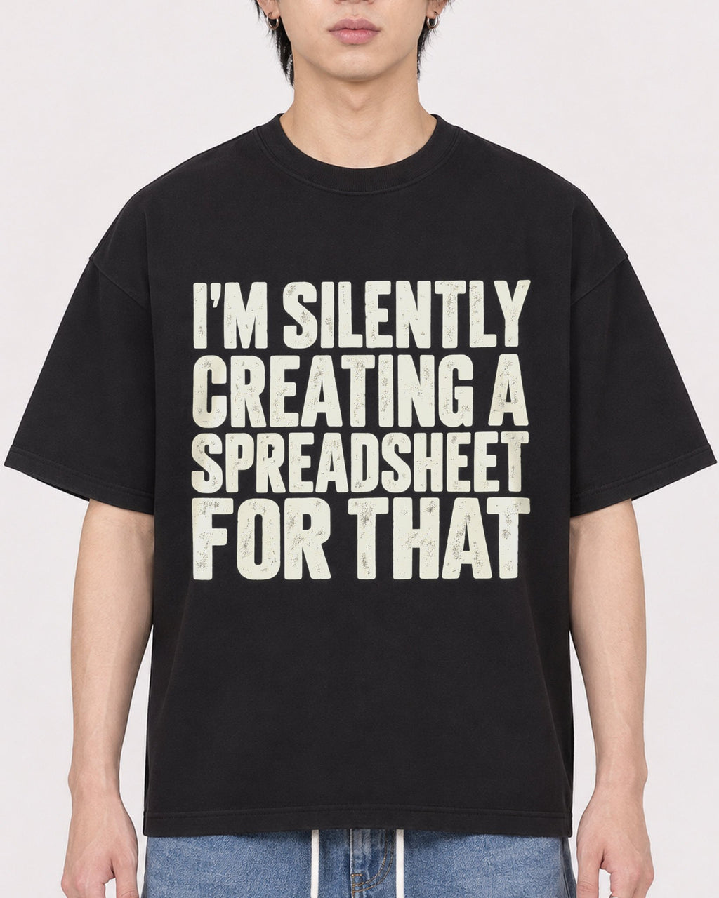 Mockup Boxy Heavyweight Tee Black male close-up 11