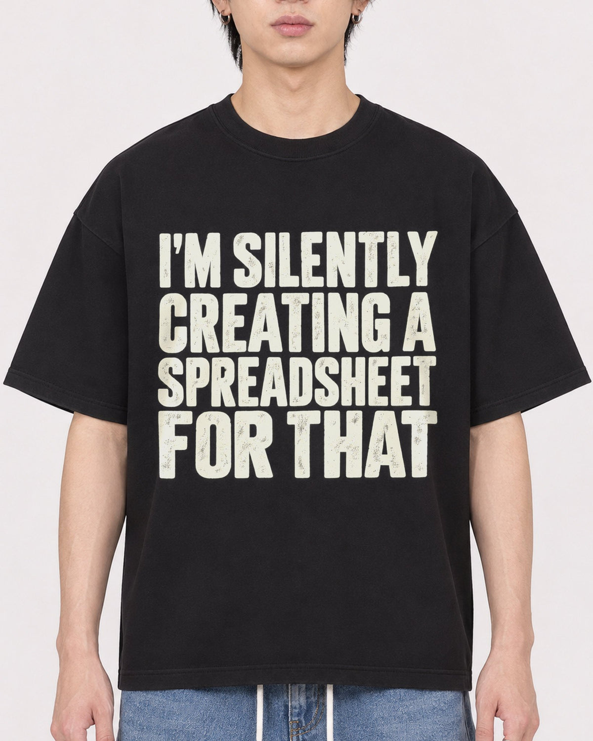 Mockup Boxy Heavyweight Tee Black male close-up 11