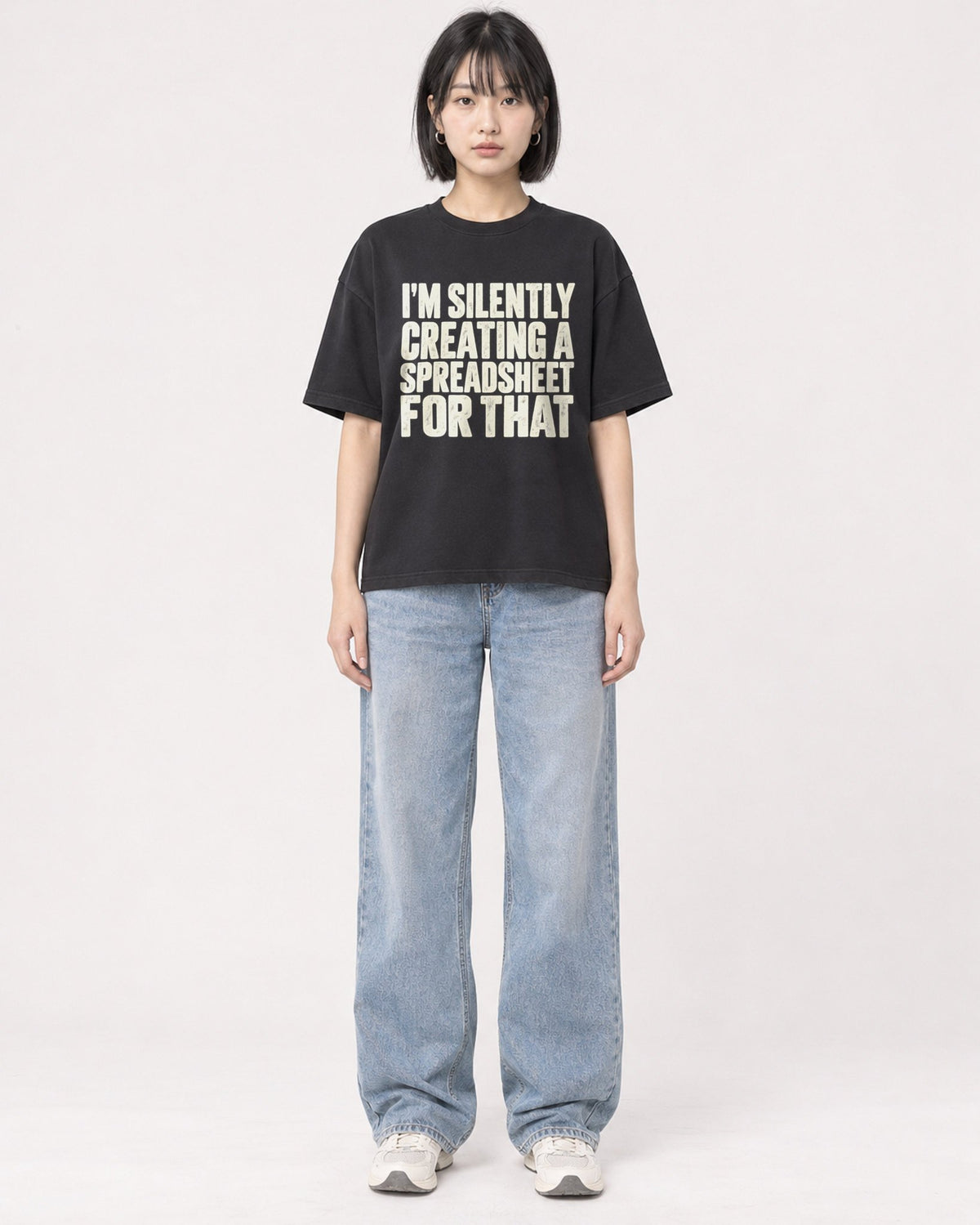Mockup Boxy Heavyweight Tee Black female full-body 11