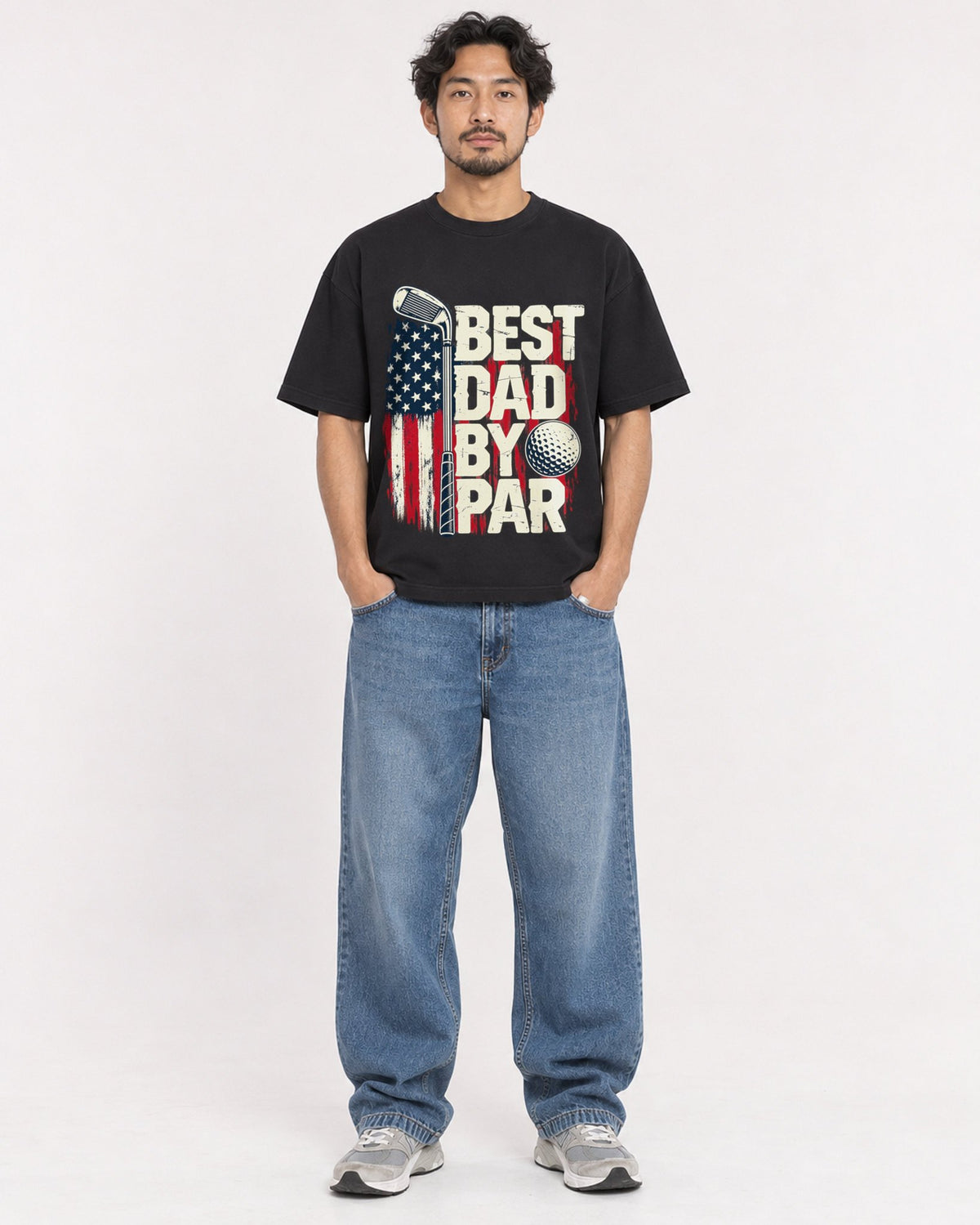 Mockup Boxy Heavyweight Tee Black male full-body 02