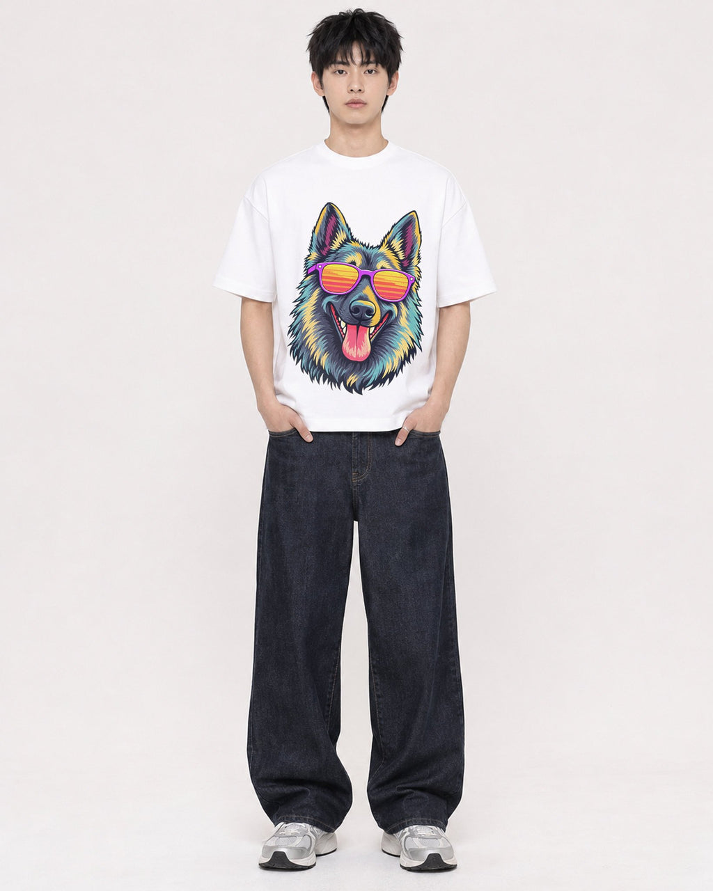Mockup Boxy Heavyweight Tee White male full-body 01