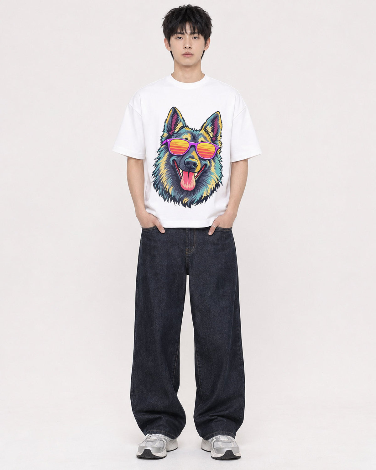Mockup Boxy Heavyweight Tee White male full-body 01