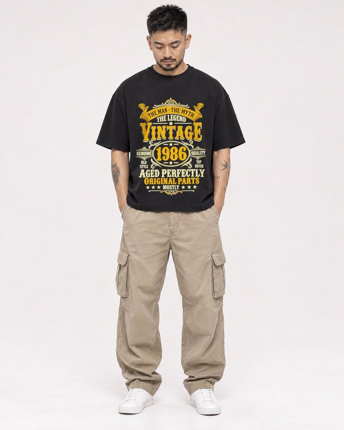 Mockup Boxy Heavyweight Tee Black male full-body 12