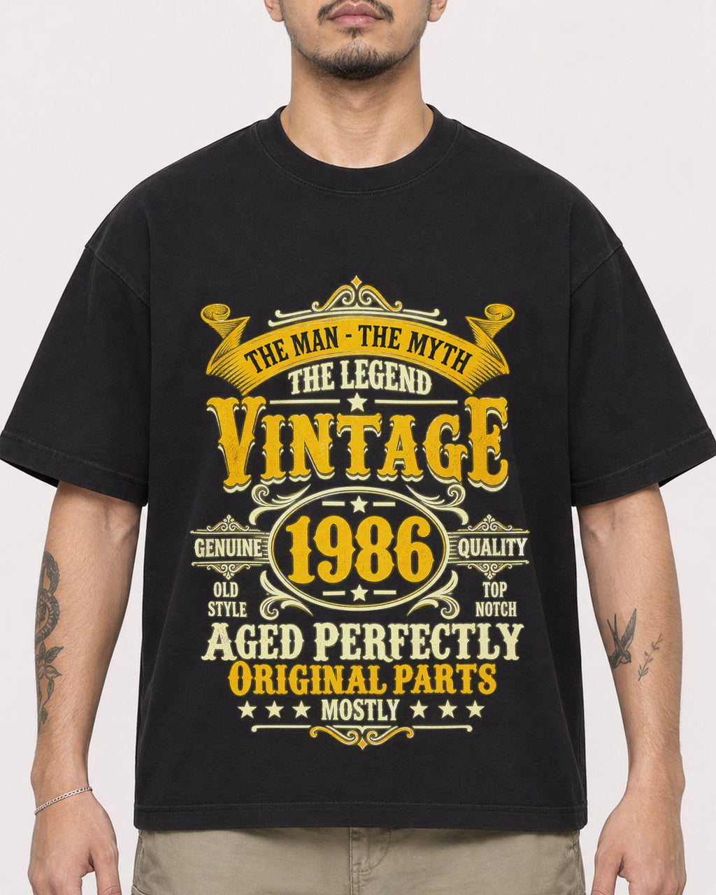 Mockup Boxy Heavyweight Tee Black male close-up 12