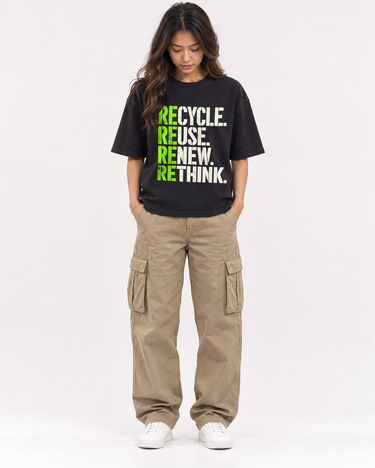 Mockup Boxy Heavyweight Tee Black female full-body 02