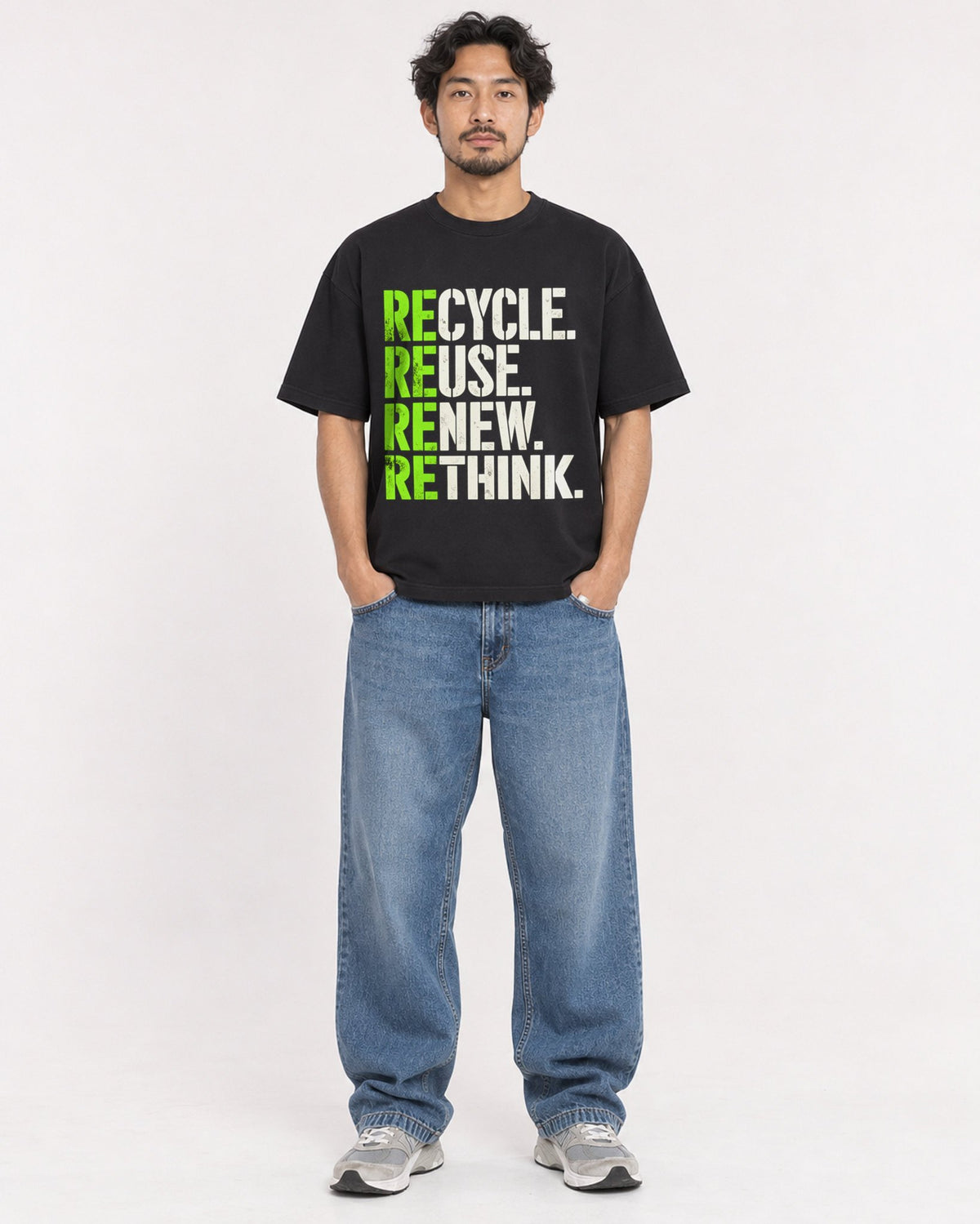 Mockup Boxy Heavyweight Tee Black male full-body 02