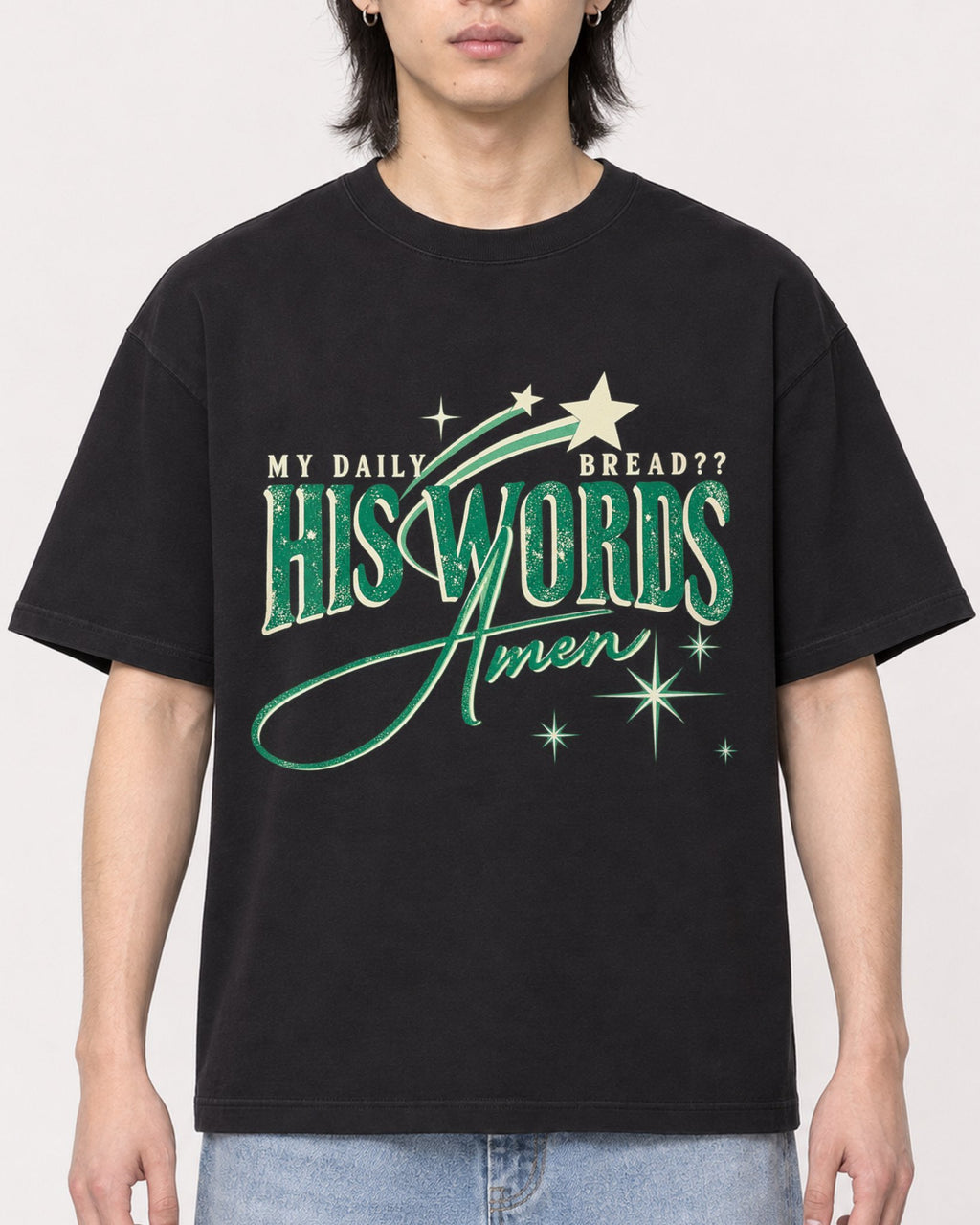 Mockup Boxy Heavyweight Tee Black male close-up 41