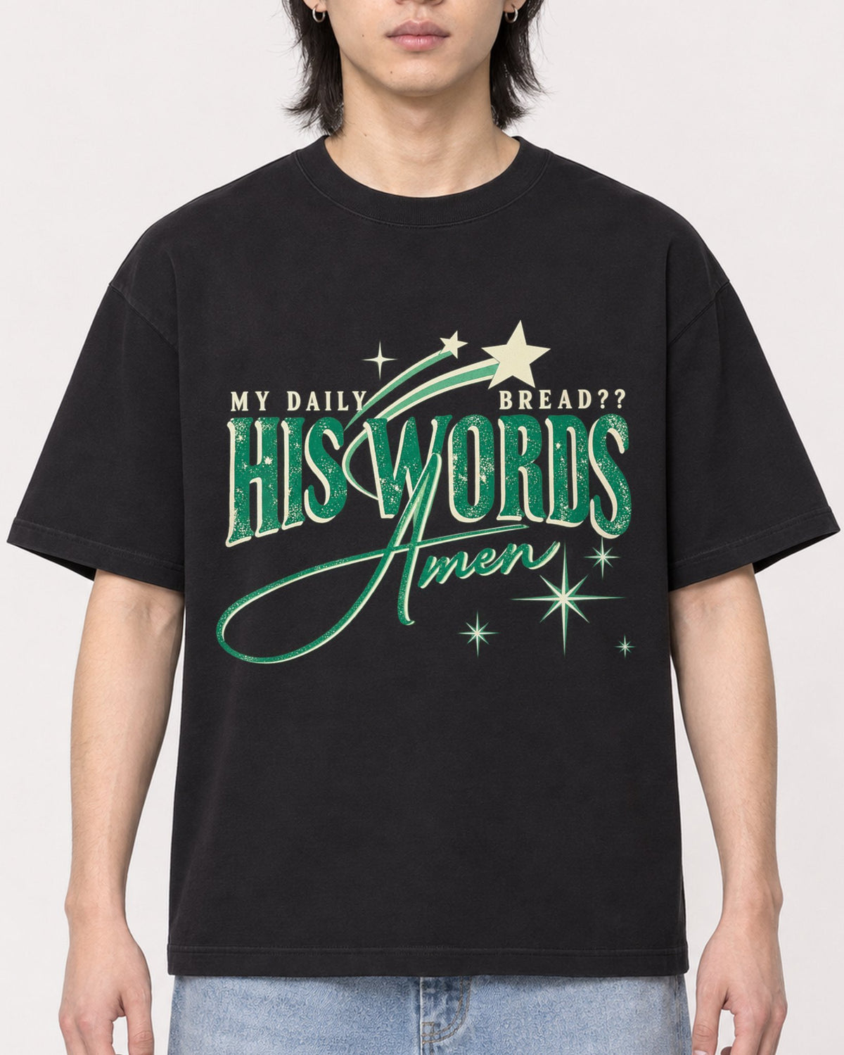 Mockup Boxy Heavyweight Tee Black male close-up 41