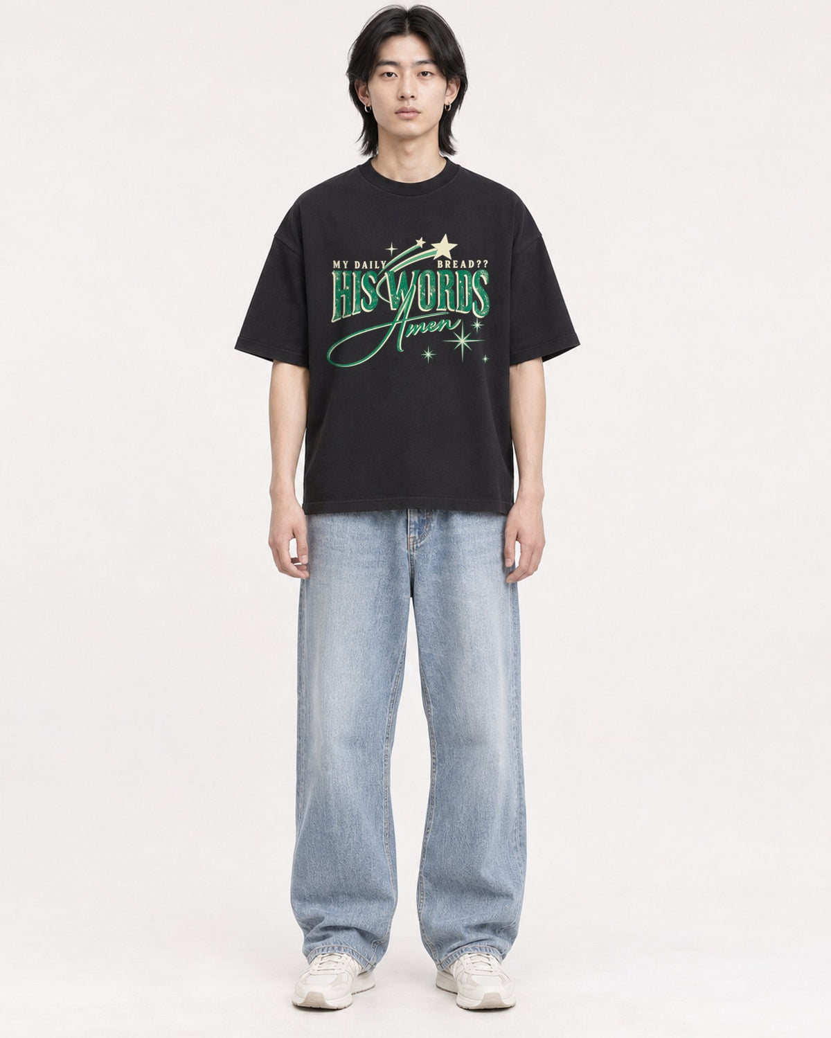 Mockup Boxy Heavyweight Tee Black male full-body 41