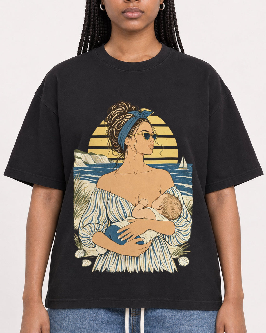Mockup Boxy Heavyweight Tee Black female close-up 45