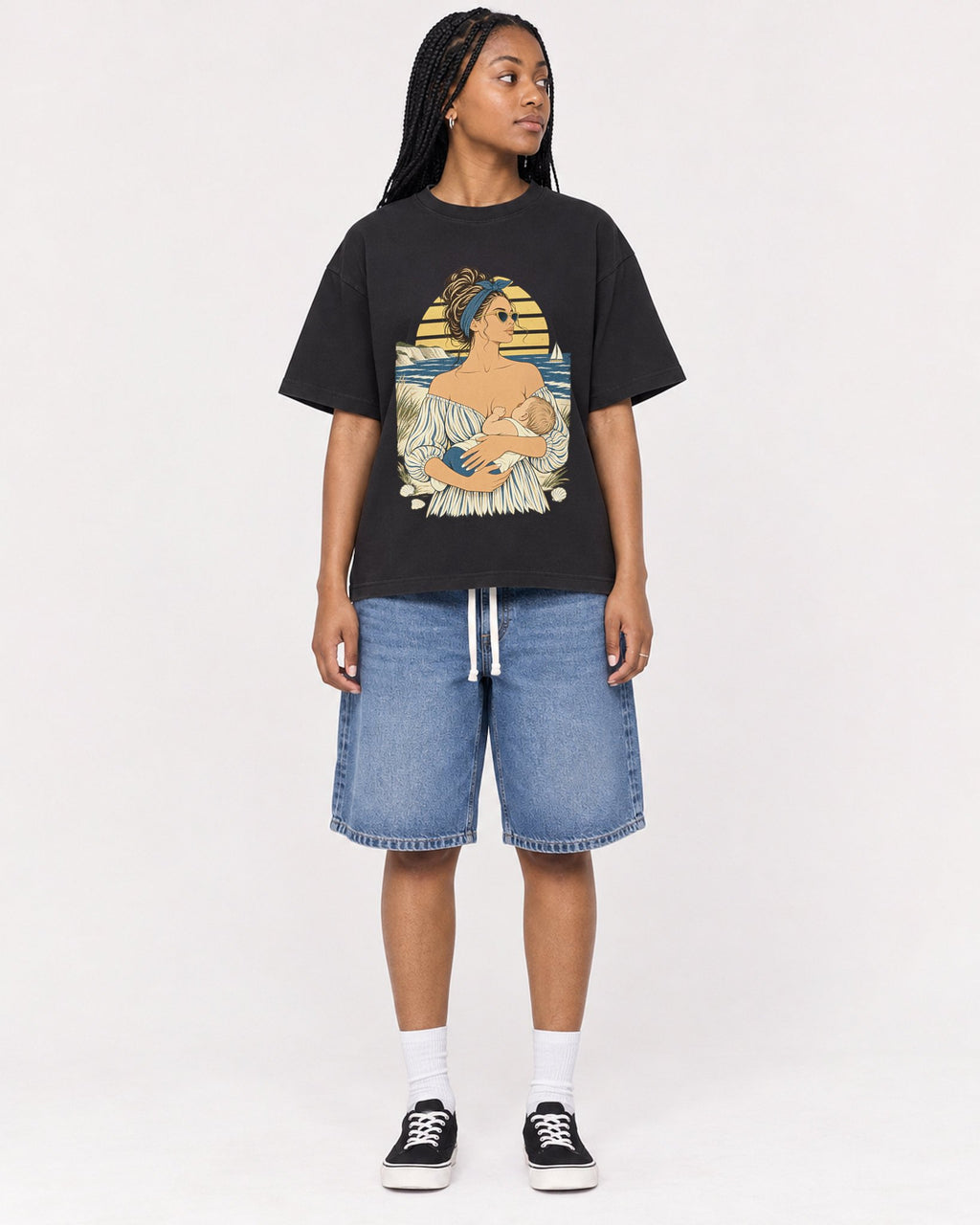 Mockup Boxy Heavyweight Tee Black female full-body 45
