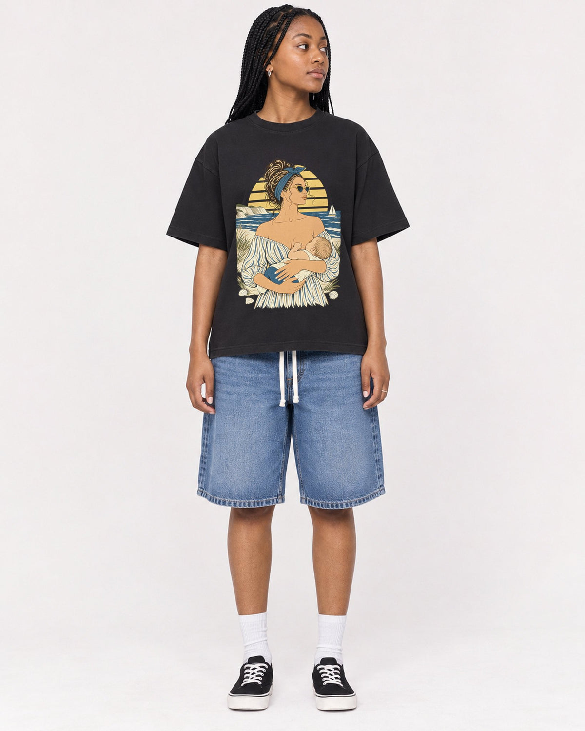 Mockup Boxy Heavyweight Tee Black female full-body 45