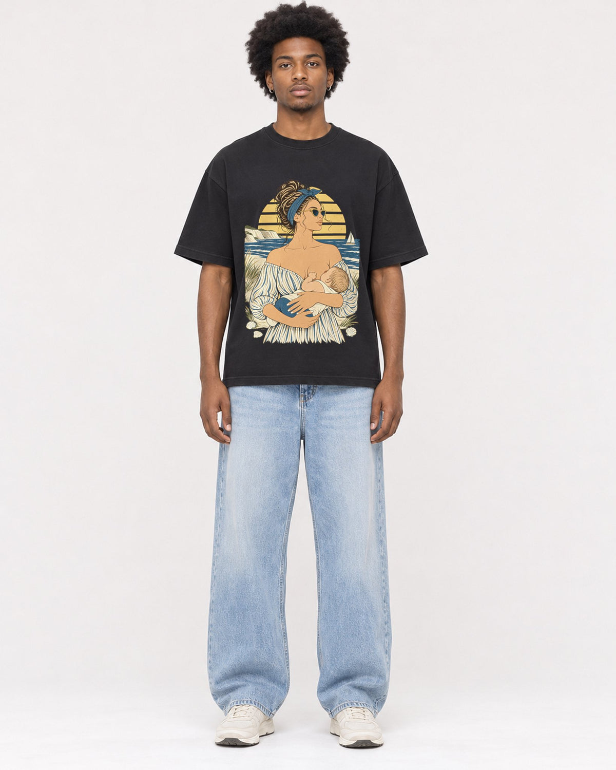 Mockup Boxy Heavyweight Tee Black male full-body 45