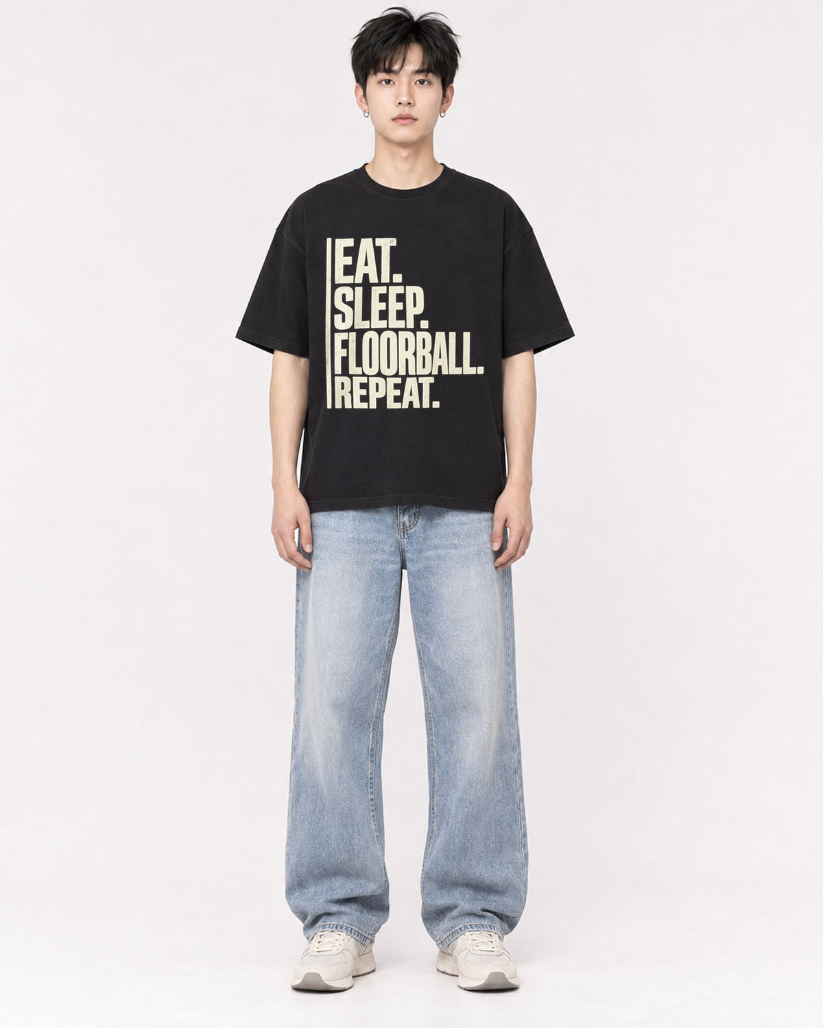 Mockup Boxy Heavyweight Tee Black male full-body 01