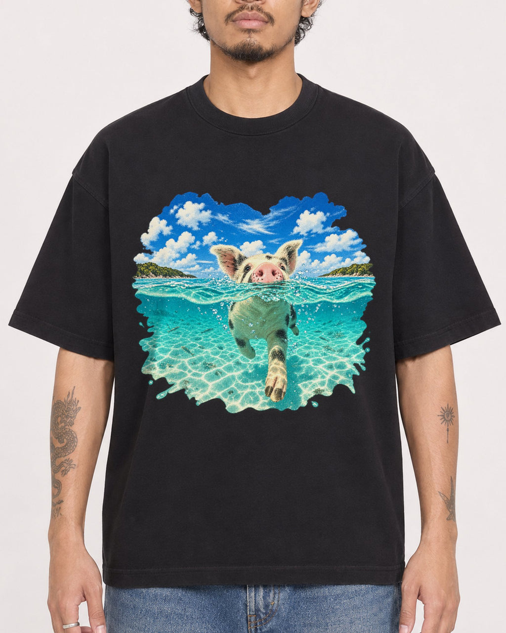Mockup Boxy Heavyweight Tee Black male close-up 42