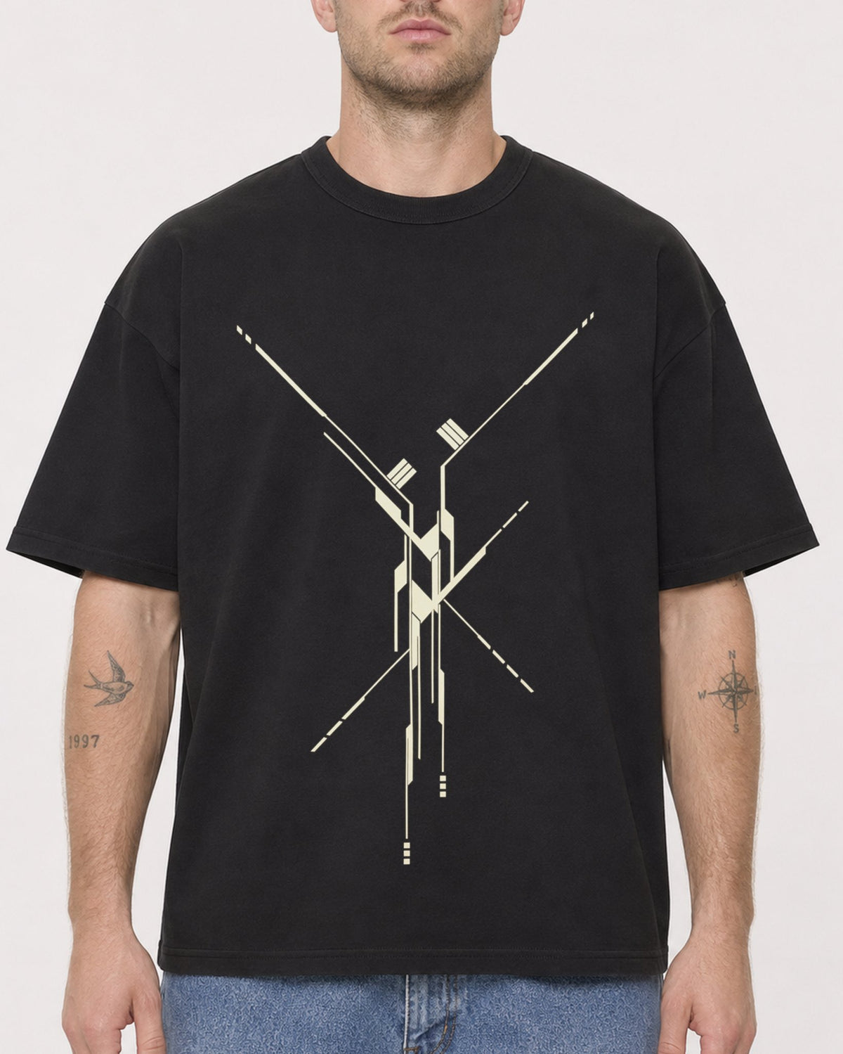 Mockup Boxy Heavyweight Tee Black male close-up 18