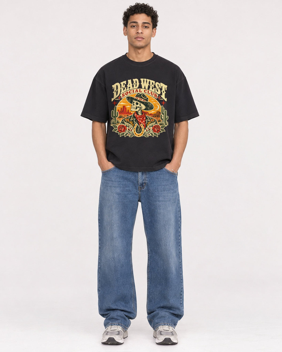 Mockup Boxy Heavyweight Tee Black male full-body 10