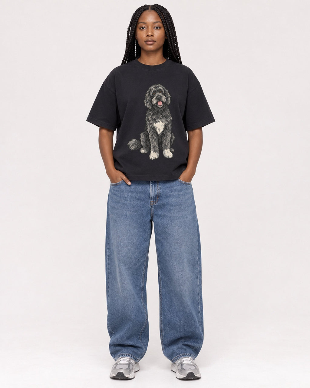 Mockup Boxy Heavyweight Tee Black female full-body 04