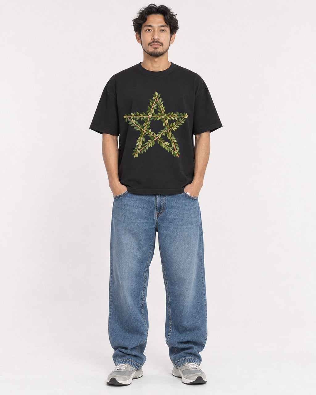 Mockup Boxy Heavyweight Tee Black male full-body 02