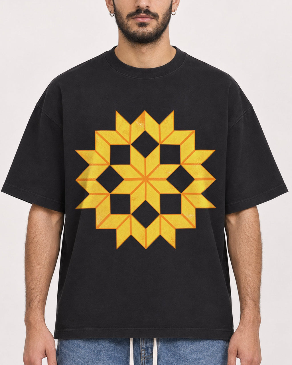 Mockup Boxy Heavyweight Tee Black male close-up 07