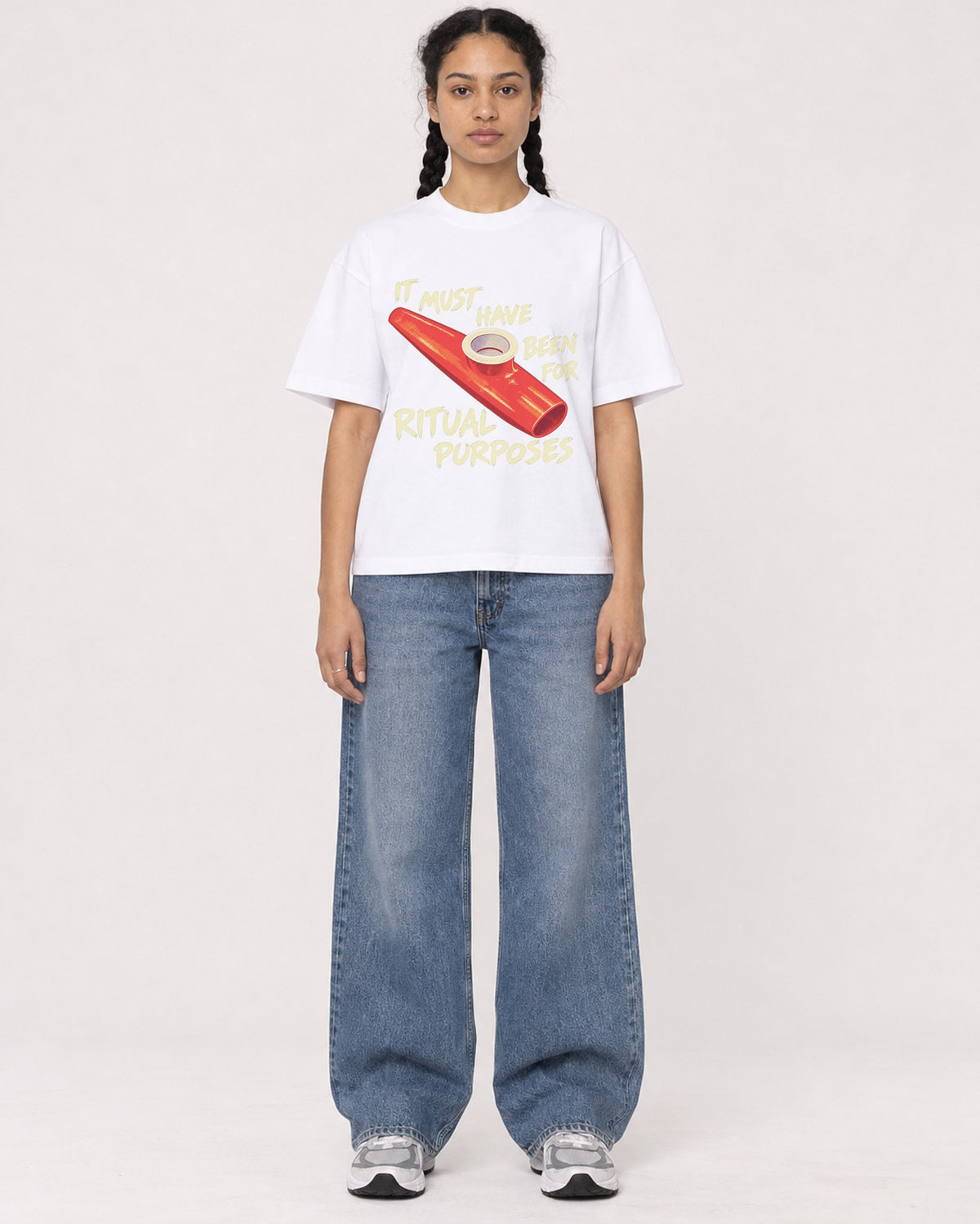 Mockup Boxy Heavyweight Tee White female full-body 50