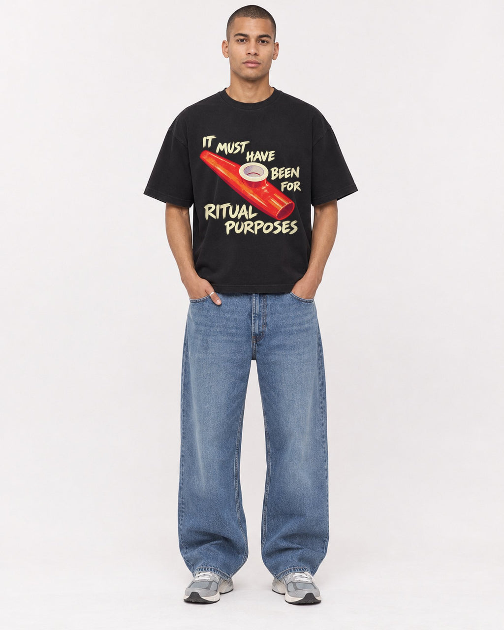 Mockup Boxy Heavyweight Tee Black male full-body 50