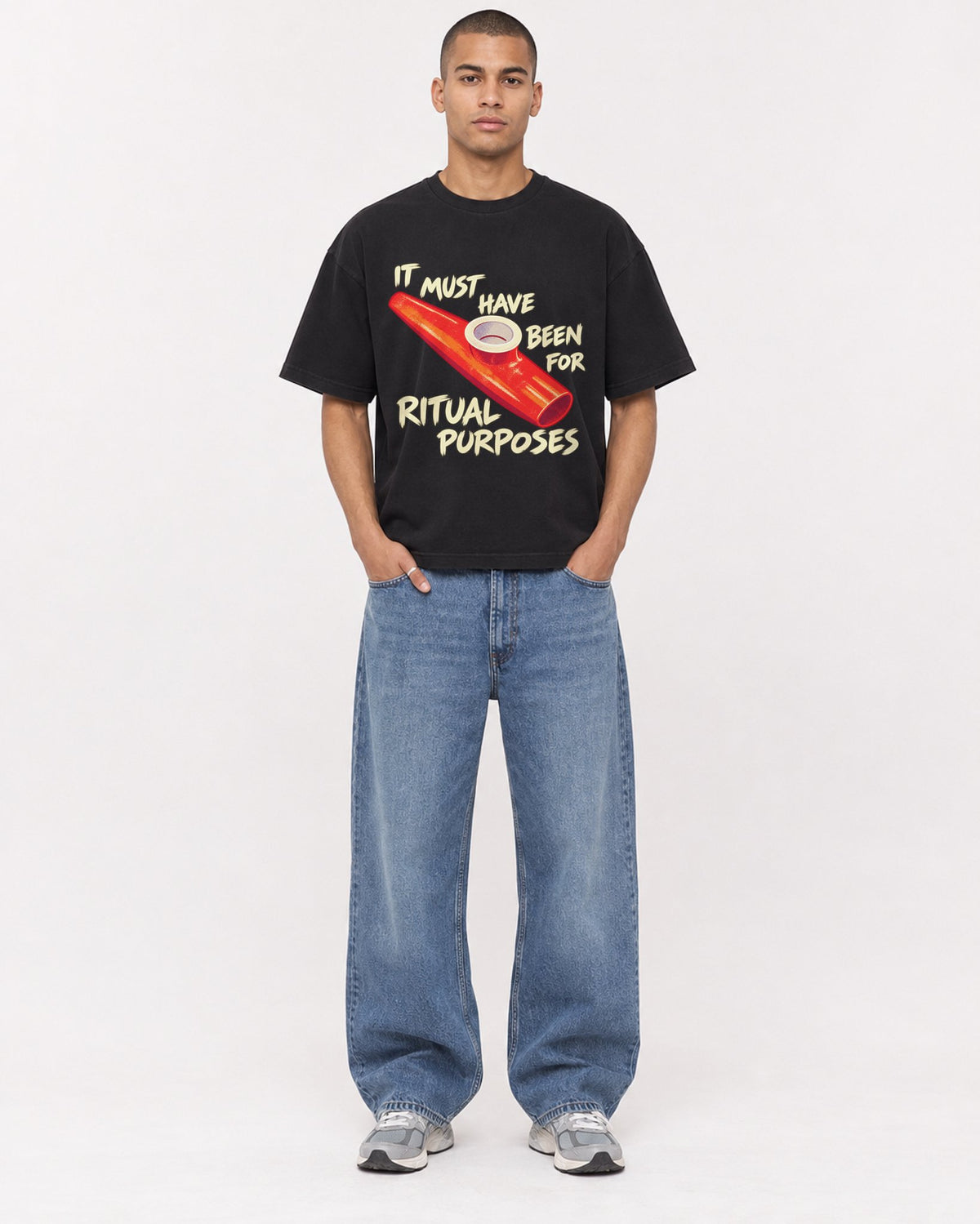 Mockup Boxy Heavyweight Tee Black male full-body 50