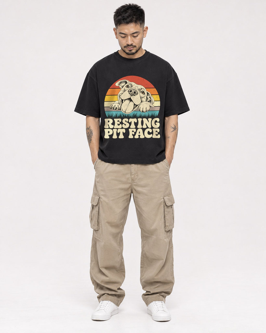 Mockup Boxy Heavyweight Tee Black male full-body 12