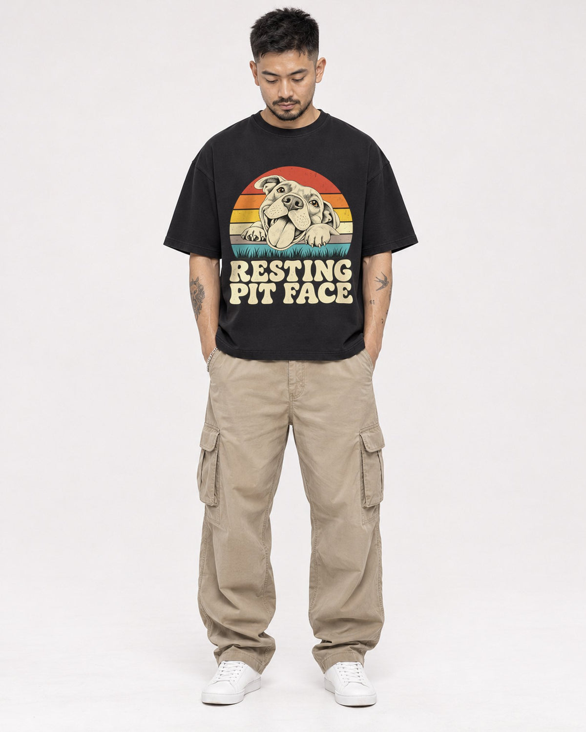 Mockup Boxy Heavyweight Tee Black male full-body 12