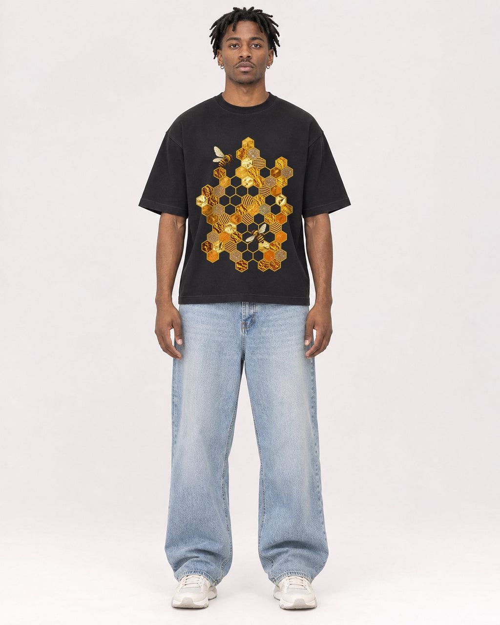 Mockup Boxy Heavyweight Tee Black male full-body 05