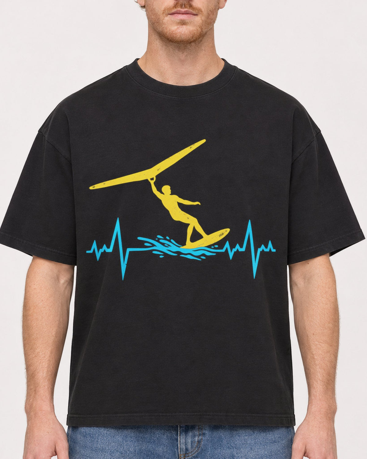 Mockup Boxy Heavyweight Tee Black male close-up 38
