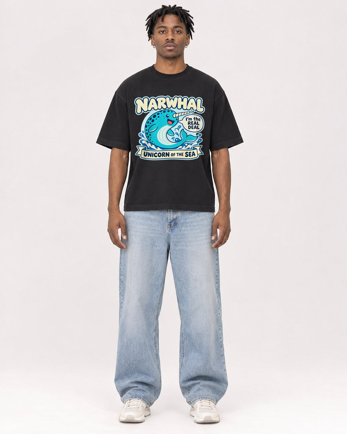 Mockup Boxy Heavyweight Tee Black male full-body 05