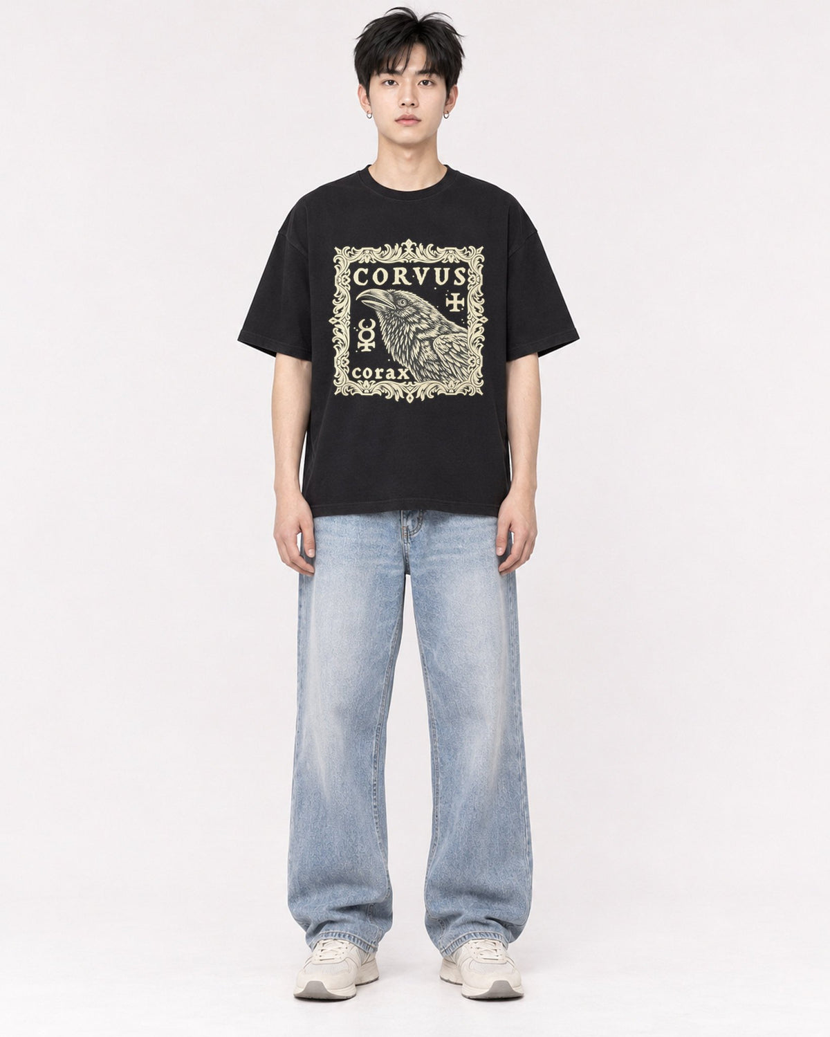 Mockup Boxy Heavyweight Tee Black male full-body 01