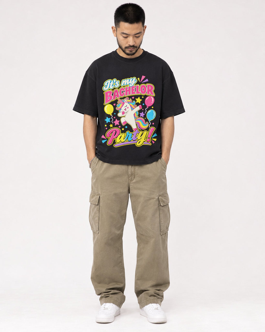 Mockup Boxy Heavyweight Tee Black male full-body 32