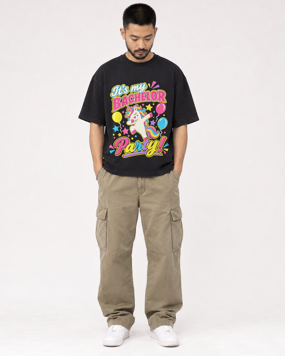 Mockup Boxy Heavyweight Tee Black male full-body 32
