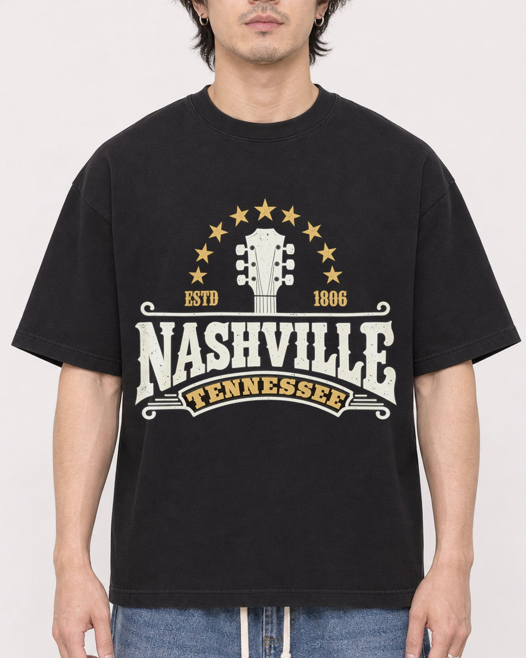 Mockup Boxy Heavyweight Tee Black male close-up 03
