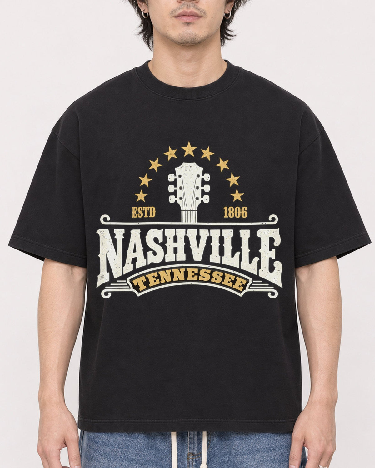 Mockup Boxy Heavyweight Tee Black male close-up 03