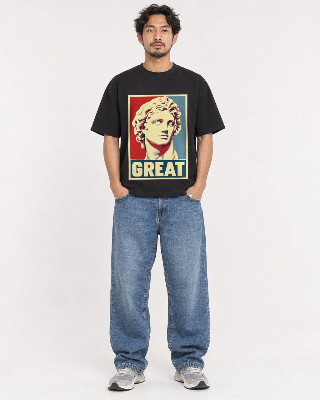 Mockup Boxy Heavyweight Tee Black male full-body 02