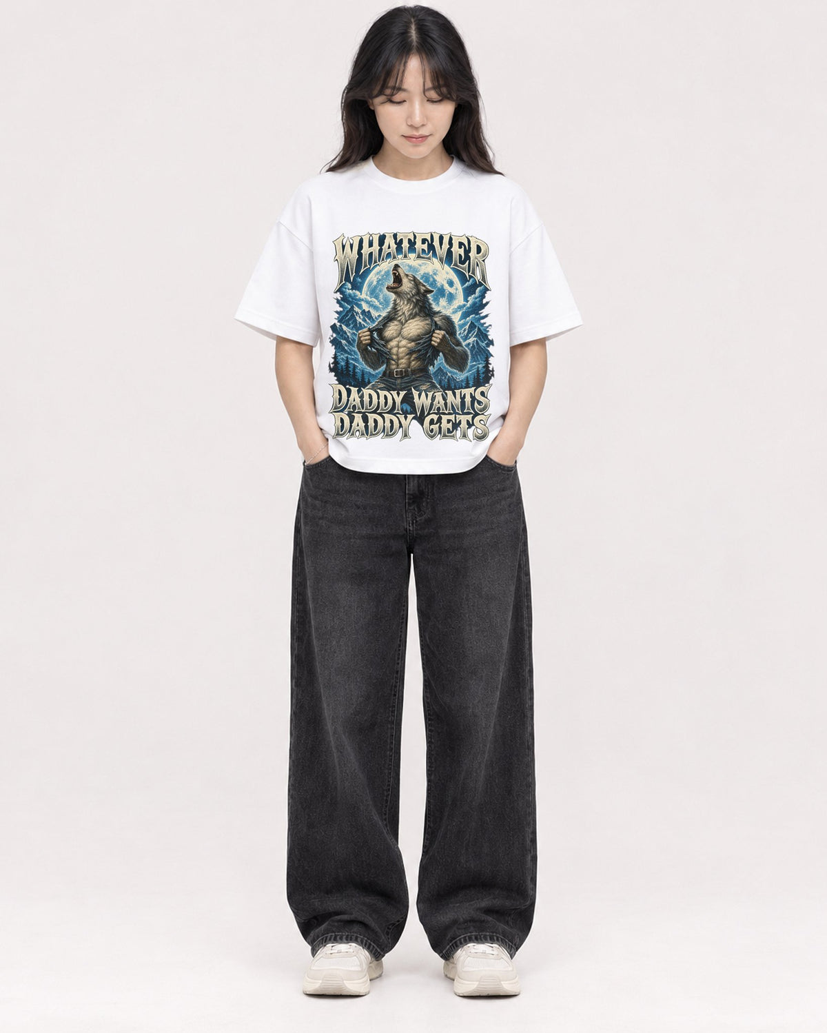Mockup Boxy Heavyweight Tee White female full-body 13
