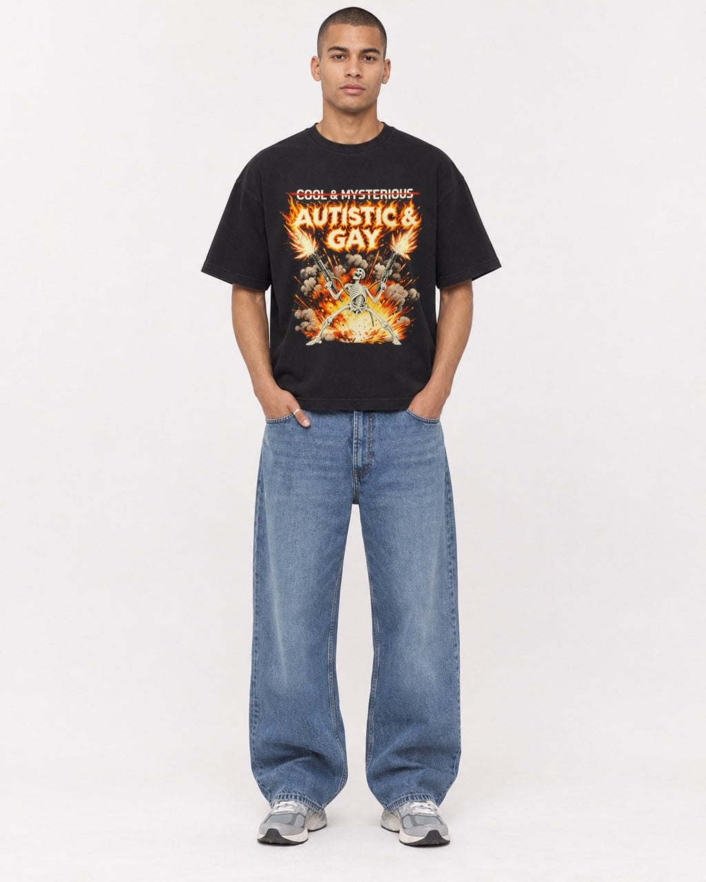 Mockup Boxy Heavyweight Tee Black male full-body 50
