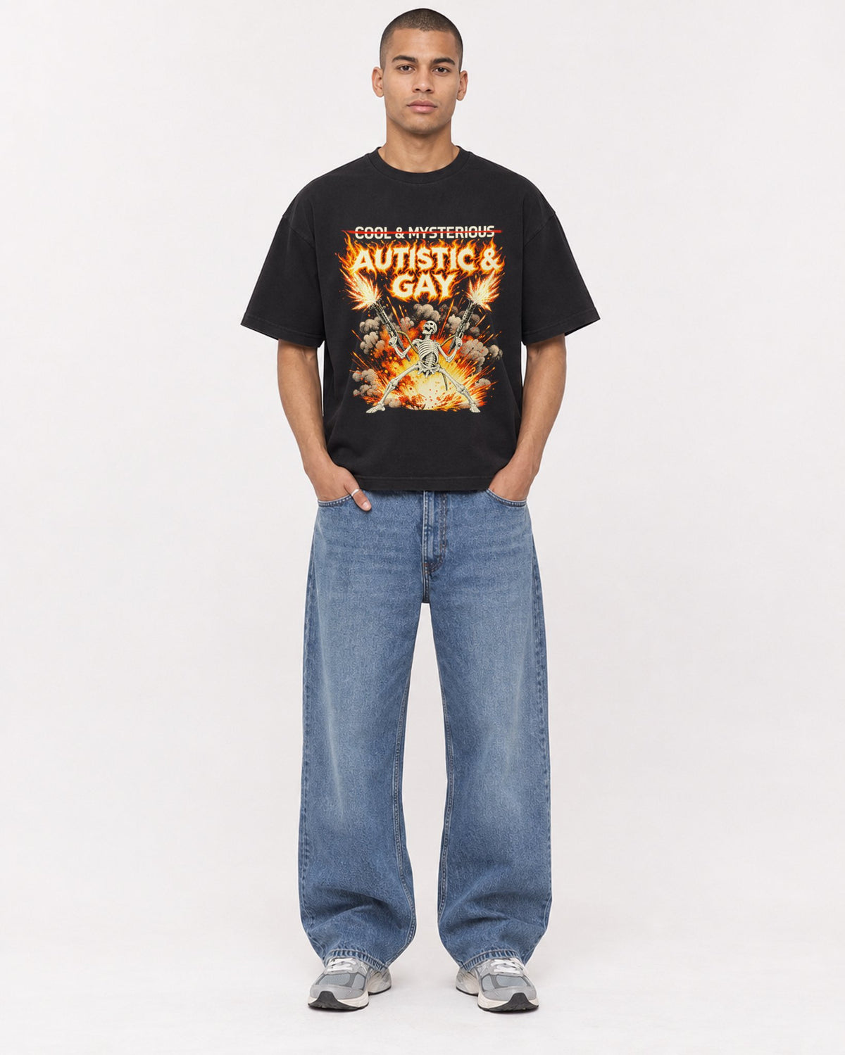 Mockup Boxy Heavyweight Tee Black male full-body 50