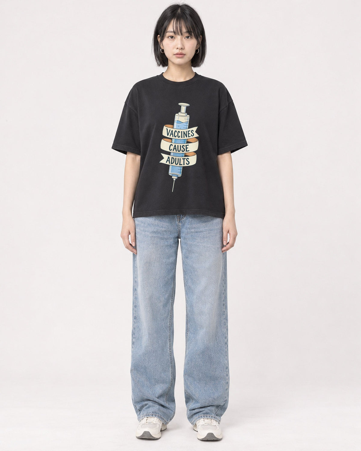 Mockup Boxy Heavyweight Tee Black female full-body 11