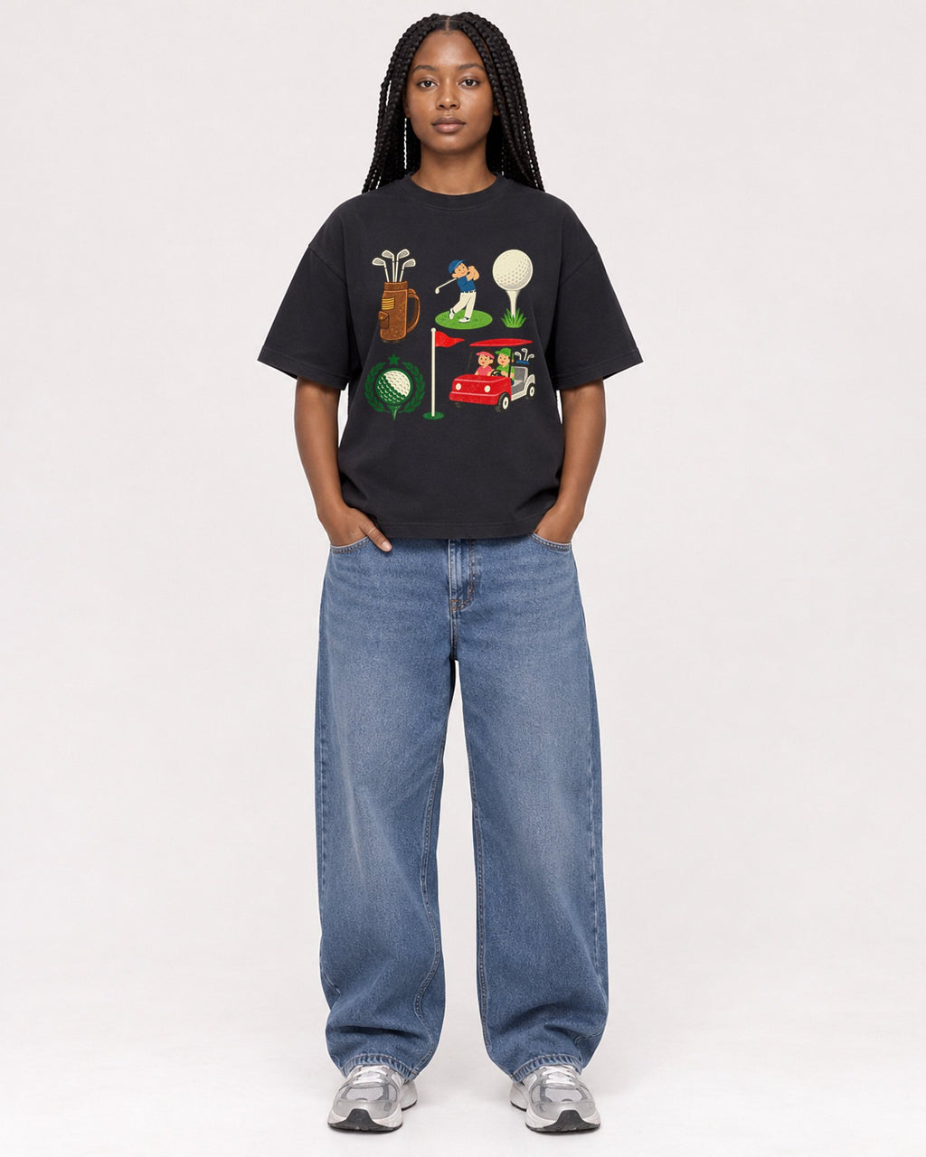 Mockup Boxy Heavyweight Tee Black female full-body 04