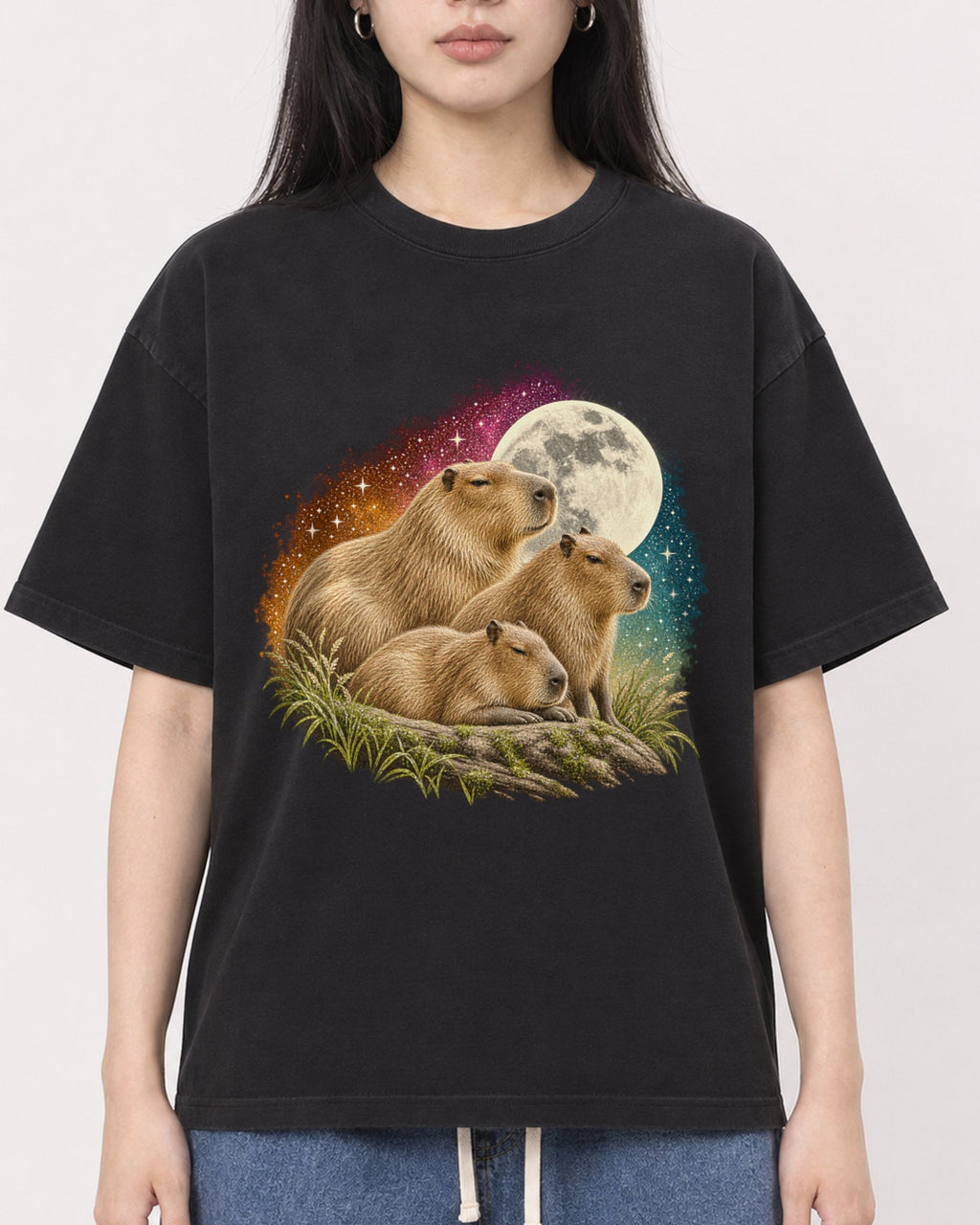 Mockup Boxy Heavyweight Tee Black female close-up 01