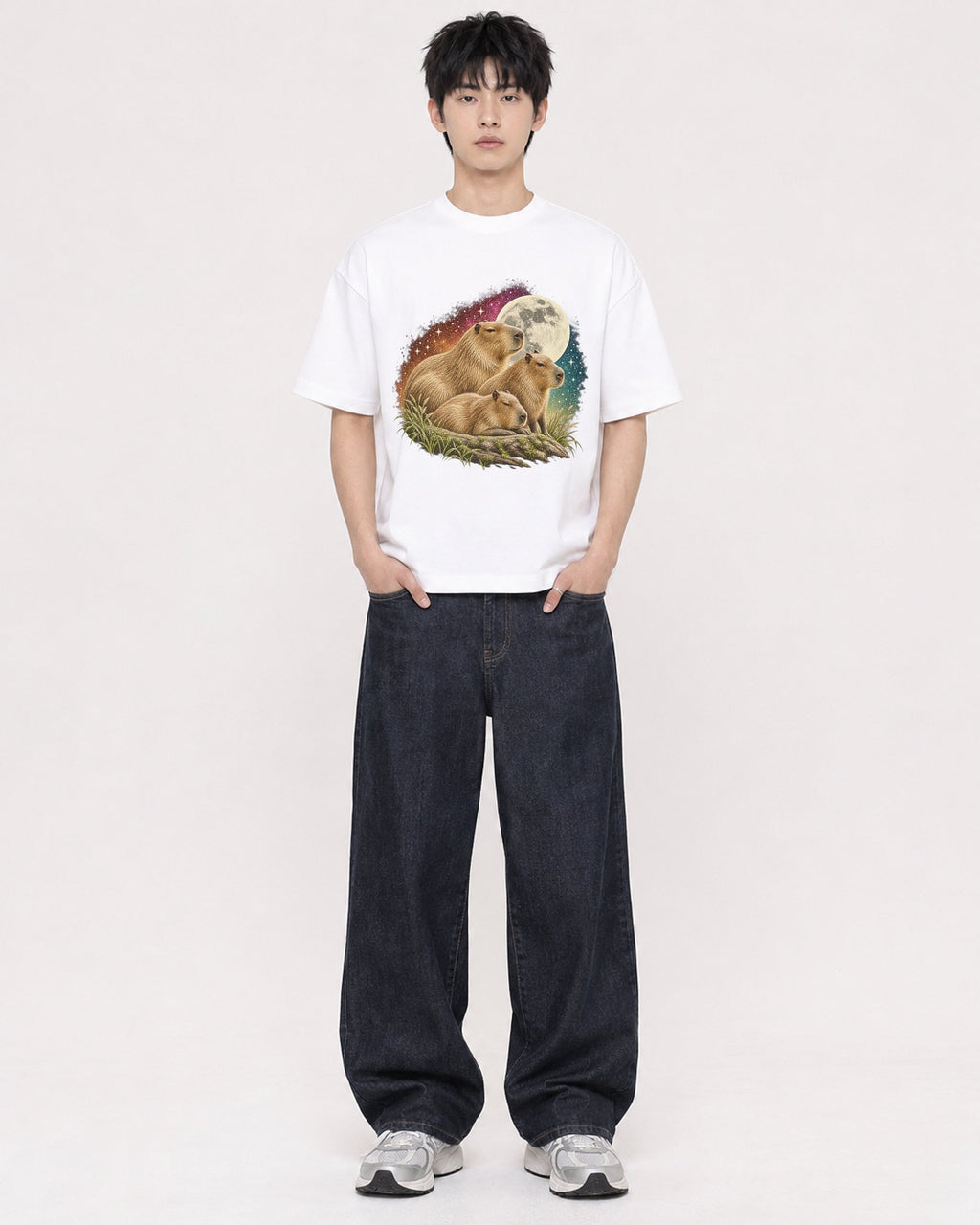 Mockup Boxy Heavyweight Tee White male full-body 01