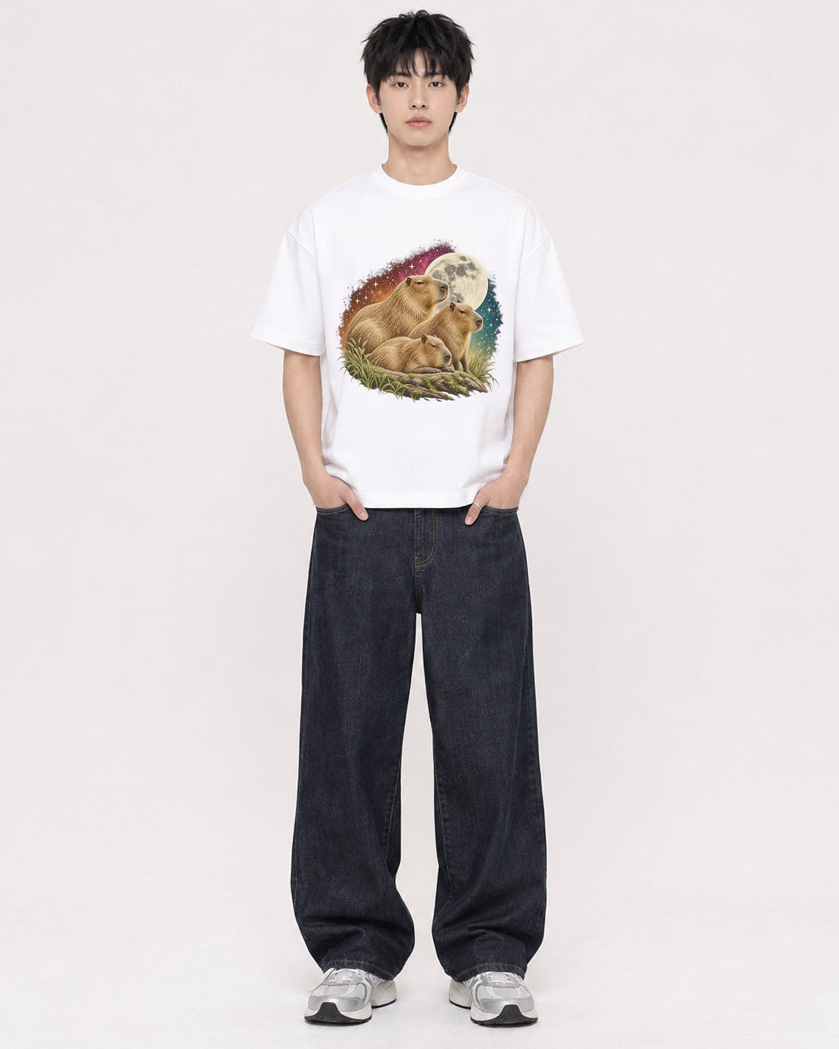 Mockup Boxy Heavyweight Tee White male full-body 01