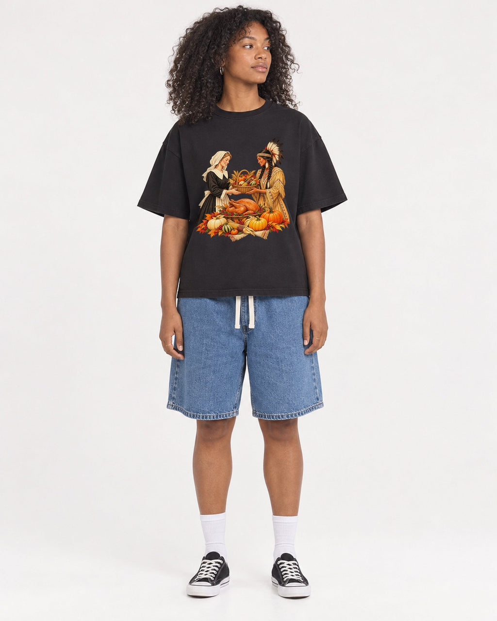 Mockup Boxy Heavyweight Tee Black female full-body 05