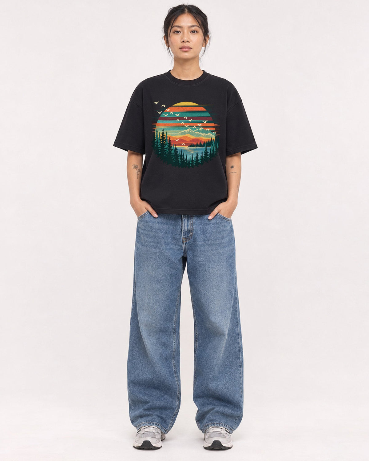 Mockup Boxy Heavyweight Tee Black female full-body 12