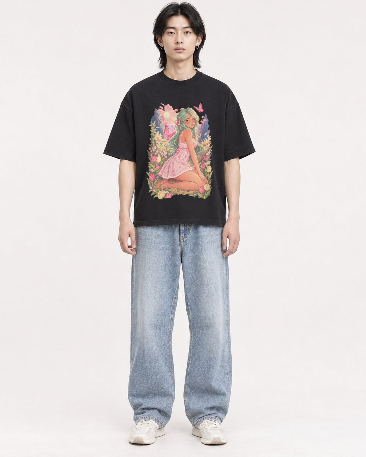 Mockup Boxy Heavyweight Tee Black male full-body 41