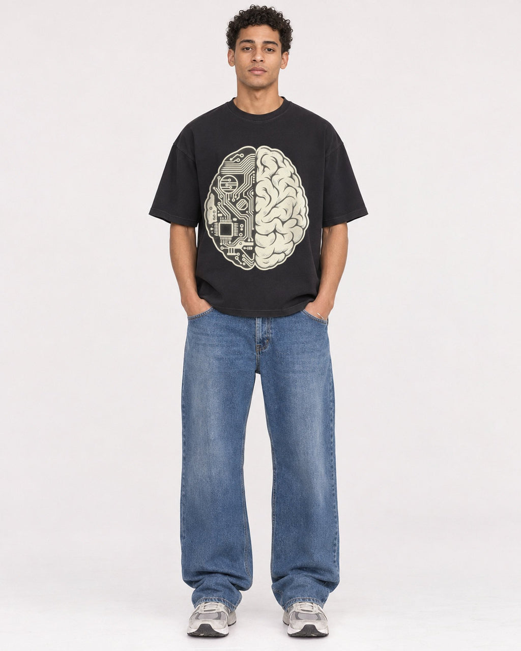 Mockup Boxy Heavyweight Tee Black male full-body 10